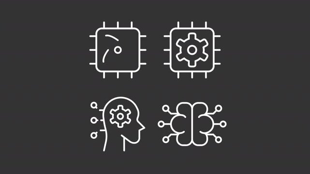 AI and machine learning ui icons white line animation set. Smart microchips. Brain improvement technology. Computing animated user interface elements isolated on dark background. HD video