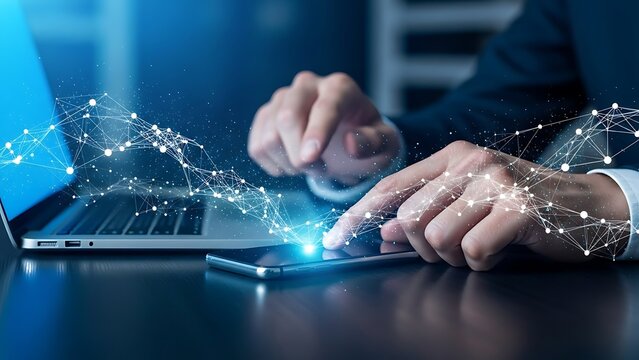 Businessman uses mobile phone and laptop with global network connectivity.