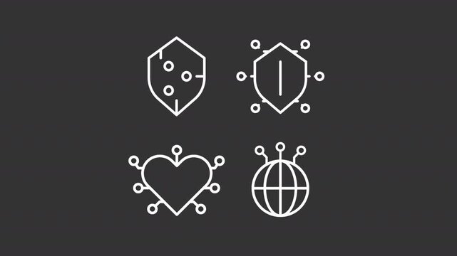 Cybersecurity ui icons white line animation set. AI algorithm in data protection. Digital information access control animated user interface elements isolated on dark background. HD video