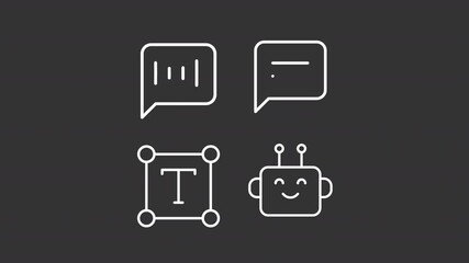 AI chat bot service ui icons white line animation set. Automated customer support. Digital communication systems. Robot assistant animated user interface elements isolated on dark background. HD video