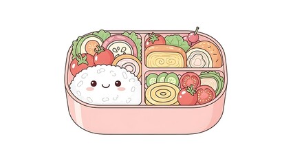 An adorable kawaii bento box illustration, a traditional Japanese lunch idea with smiling rice, tamagoyaki, and fresh vegetables for a healthy meal
