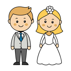 Cute groom and bride cartoon standing together, smiling with joy, holding hands in adorable wedding outfits, capturing love, happiness, and a sweet romantic celebration.
