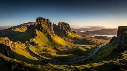 A scenic winding road through dramatic green highlands at sunset.