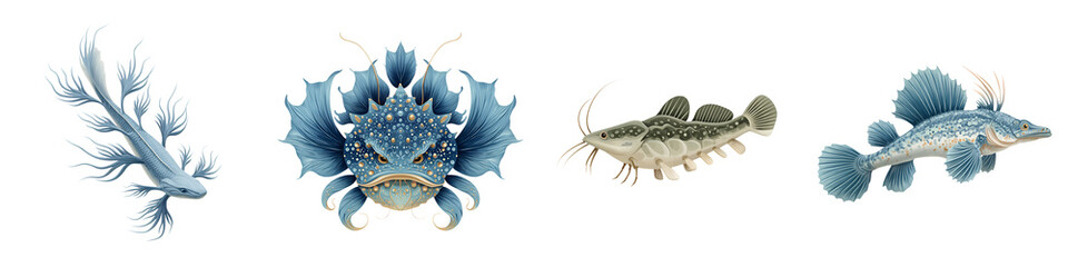 Fototapeta premium Collection of Fantasy Fish: Imaginary Sea Creatures in Shades of Blue