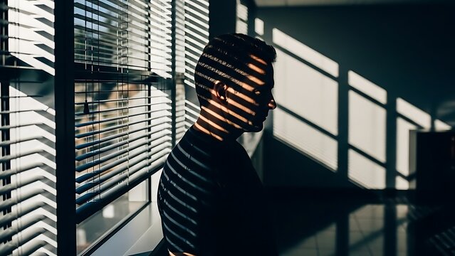 A man in shadow and light by venetian blinds, expressing deep thought. - Powered by Adobe