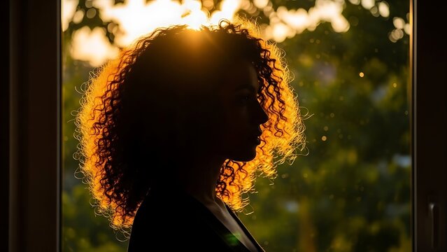 Serene woman's silhouette bathed in golden hour light by a window.