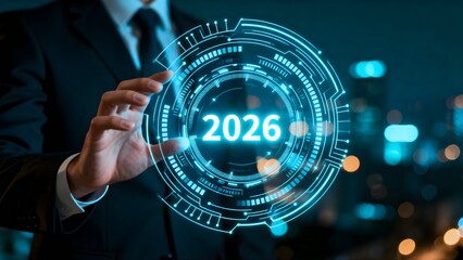 Businessman touching virtual screen with 2026 text for future planning concept.