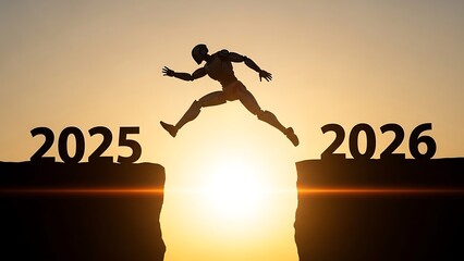 Robot jumping over gap from 2025 to 2026, symbolizing new year transition.