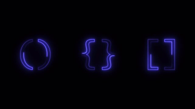 Types of brackets round curly and square neon glowing symbols animation.