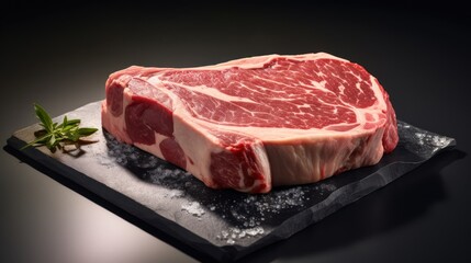 Fototapeta premium Raw Ribeye Steak on a Black Plate - Culinary Delight and Gourmet Food.