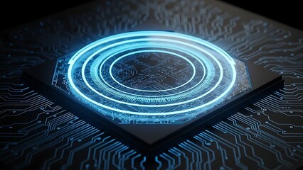 Futuristic glowing circuit board with digital light, representing artificial intelligence.