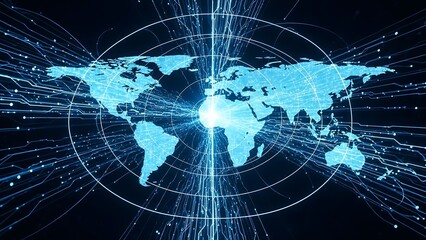 Global network connection and digital data flow on a world map.