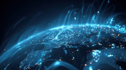 A digital representation of Earth with glowing connections and data points, showcasing a network of global communication and technology.