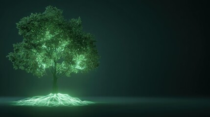 A glowing green tree with illuminated roots on a dark background, symbolizing nature and energy.