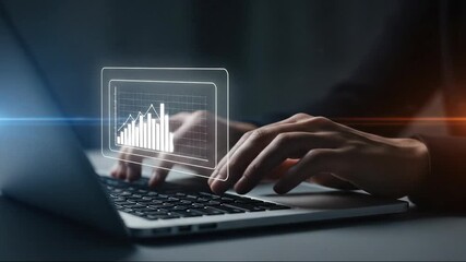 Hands type on a laptop with data graph overlay showcasing business analytics and upward trends in digital finance - Powered by Adobe