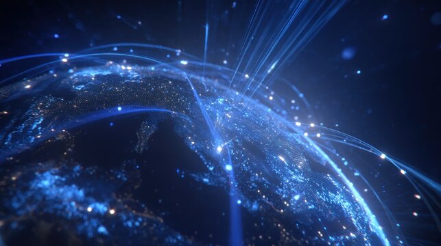 A glowing, digital representation of Earth, showcasing interconnected lines of data and communication across the globe.