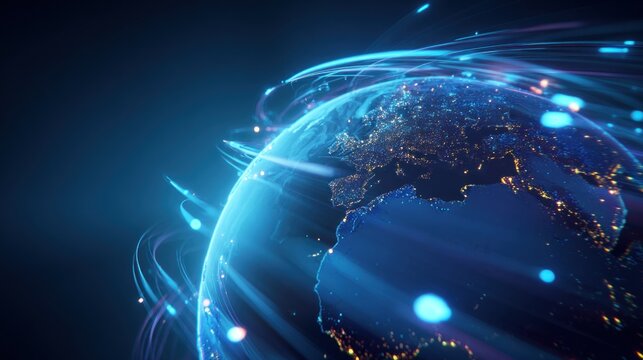 A vibrant, digitally-rendered globe with glowing lines and lights, representing global connectivity and technology.