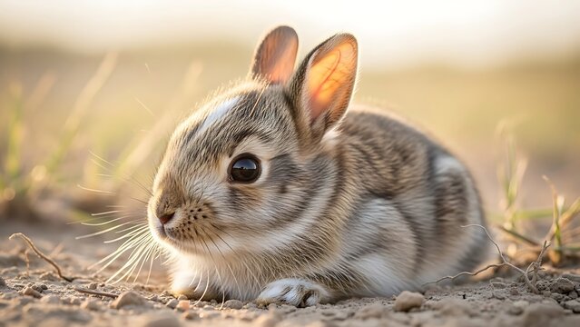Adorable baby wild rabbit resting in golden hour light.