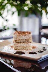 Tiramisu served elegantly on a white plate at a high end Italian food restaurant