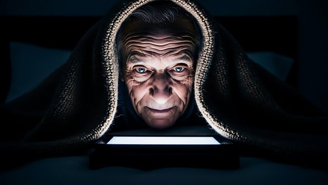 Senior man peeking from under blanket, illuminated by glowing screen at night.