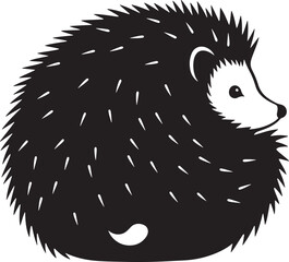 Stylized black hedgehog illustration, curled up, featuring prominent quills, a simple artistic vector graphic isolated.