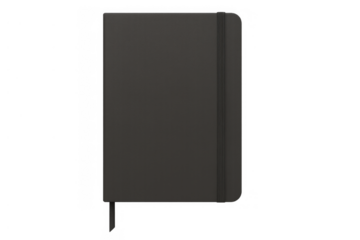 Black notebook with elastic band closure and bookmark, minimalist design, planning, writing, journaling, transparent background