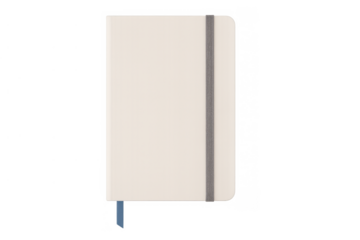 Blank beige notebook or journal with elastic band and bookmark, clean minimalist design for writing and planning, transparent background