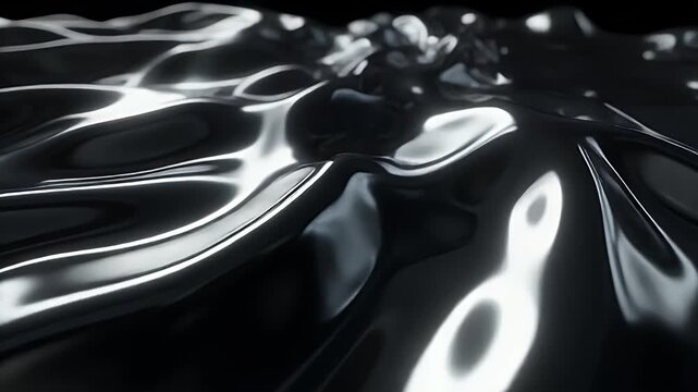 Dynamic abstract dark liquid surface with reflective ripples and waves.