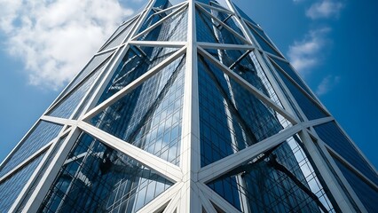 Modern glass skyscraper with geometric design against blue sky
