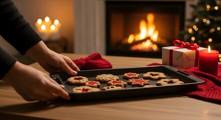Hands holding a tray of Christmas cookies near a fireplace with presents and a lit Christmas tree.