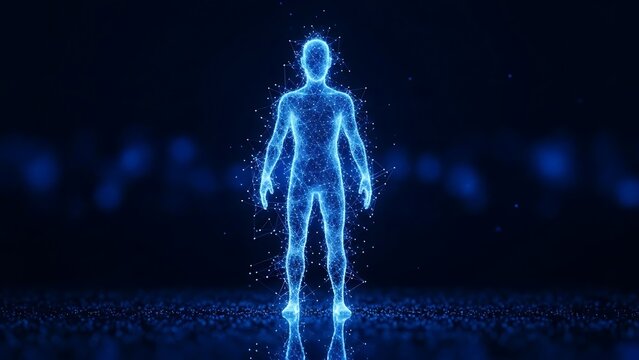 Digital human body standing on a reflective surface in a futuristic environment.