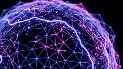 Abstract digital network sphere with glowing lines and interconnected dots.