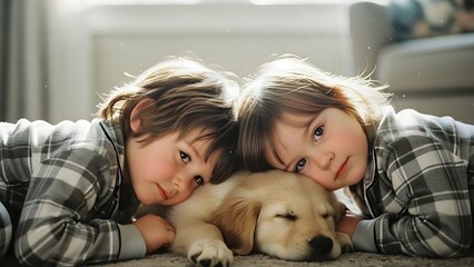 Two adorable children gently rest their heads on a sleeping golden retriever puppy.