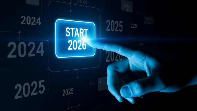 Starting the New Year 2026: Hand pressing a glowing digital button.