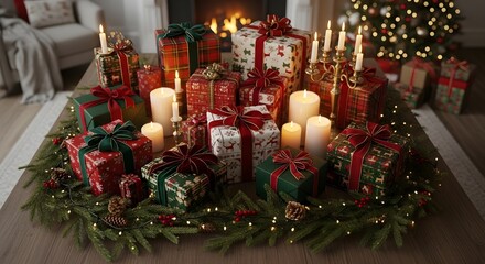 A festive Christmas scene with wrapped presents, lit candles, and evergreen branches arranged on a table near a fireplace.
