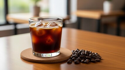 A glass of cold americano served with ice cubes. Ice americano.