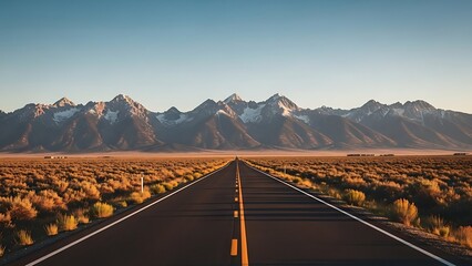 A long desert road stretches towards majestic snow-capped mountains under a clear sky.