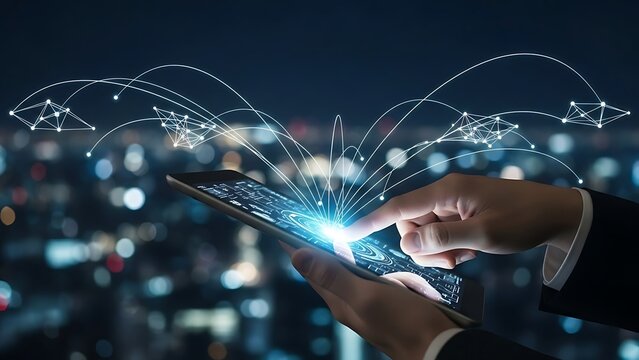 Hand touching digital tablet screen with futuristic network connections