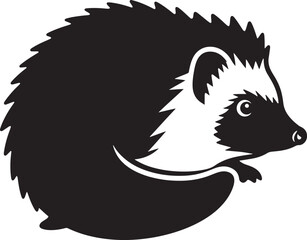 Stylized black and white hedgehog icon graphic illustration with curled body showing face and quills
