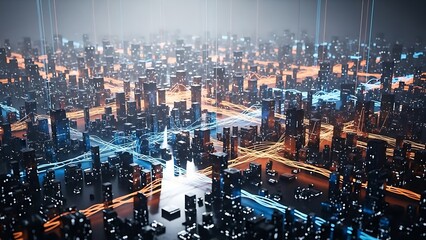 Smart city concept with connected digital data network flowing through a technological urban