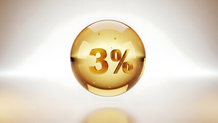 A luxurious golden oil bubble or serum capsule showing a 3 percent concentration on a light background.