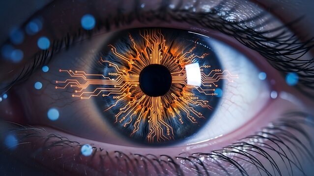 Close-up of human eye with digital circuit pattern, symbolizing AI and biometric technology.