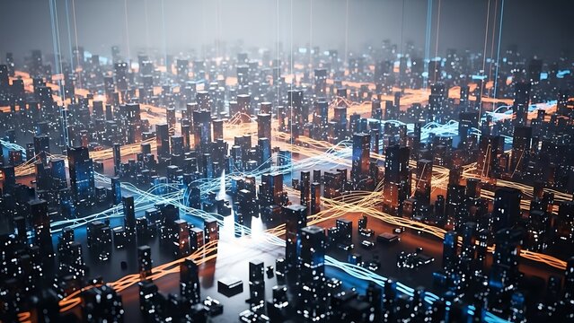 Smart city concept with connected digital data network flowing through a technological urban