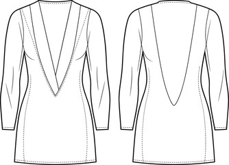 Front and back view of a long-sleeved V-neck top with fitted silhouette shirt blouse