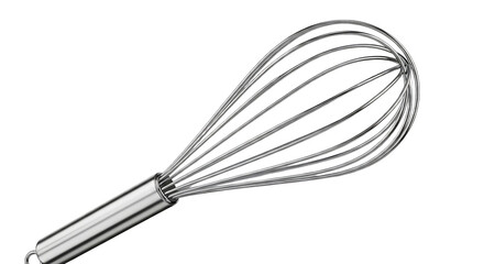 Shiny metal balloon whisk with handle isolated on a deep black background studio shot