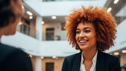 A professional woman engaging in a happy conversation in a modern office.
