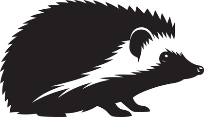 Stylized black and white vector illustration of a hedgehog in profile, a wild forest animal graphic element.