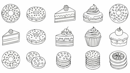 Collection of Delicious Baked Goods and Desserts Hand Drawn Sketch.