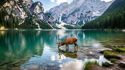 A majestic deer drinking from a clear turquoise mountain lake amidst towering alpine peaks.