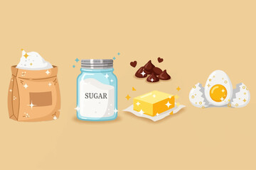 Cute Cookie Day Ingredients Illustration in Flat Design – Flour, Sugar, Butter, Chocolate & Eggs